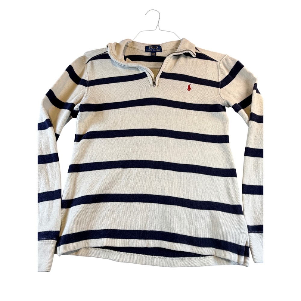 Polo Ralph Lauren Boys Large 14-16 Quarter Zip Pullover Cream Navy Stripe Pony